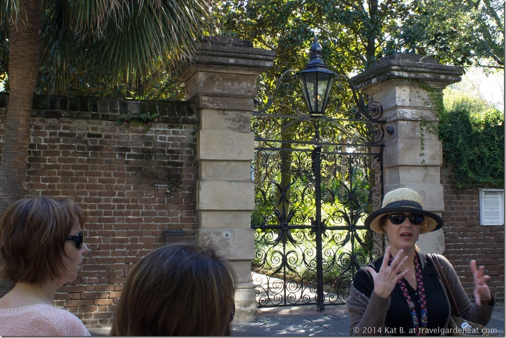 Charleston tour guide Lee Ann Bain in front of the Sword Gate