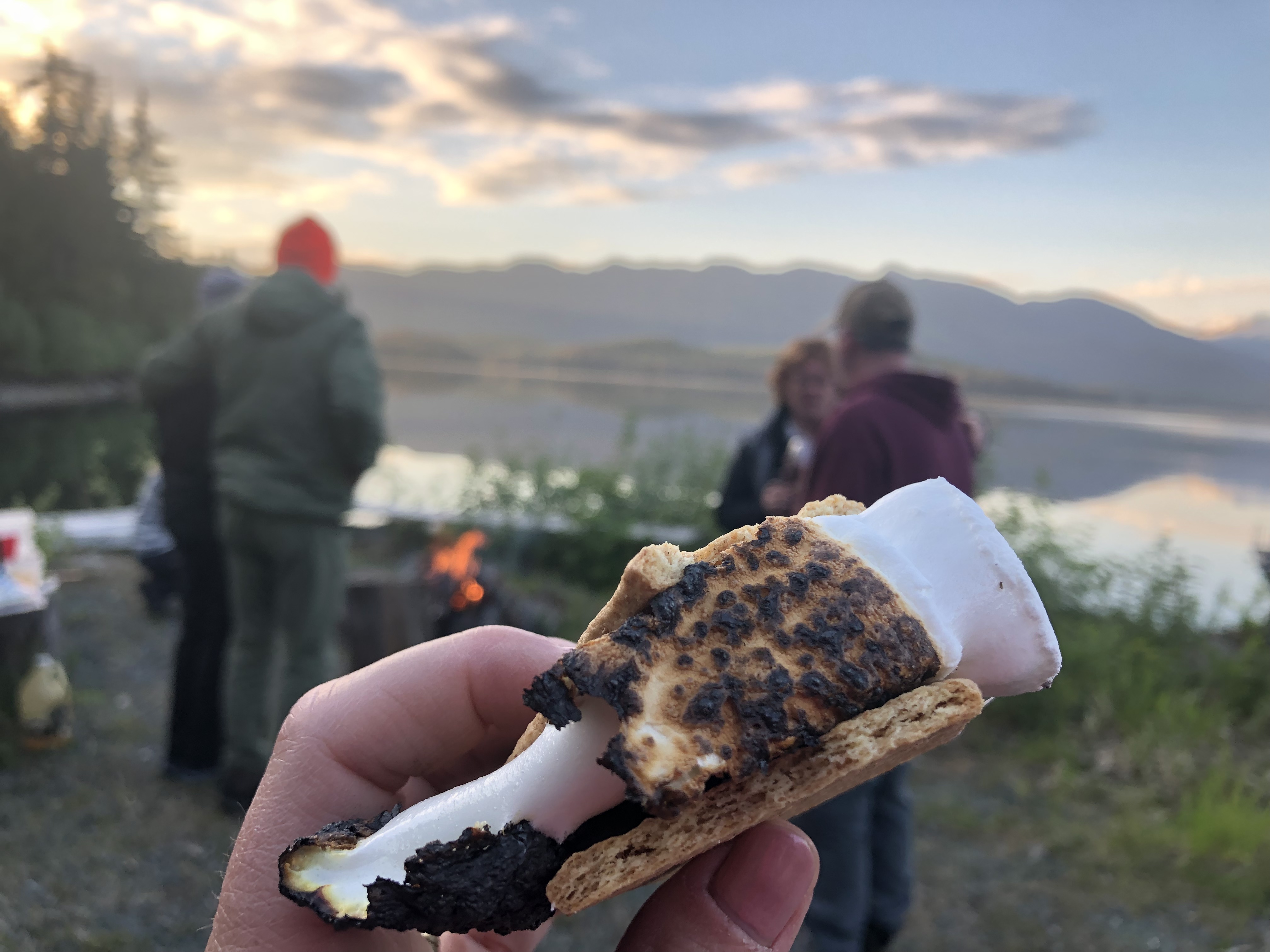 Sunset bonfire in Hobart Bay, Alaska
